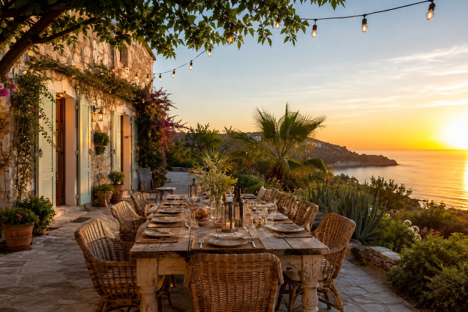 Visuel d’ambiance : une table sur une terrasse face à la mer au coucher du soleil